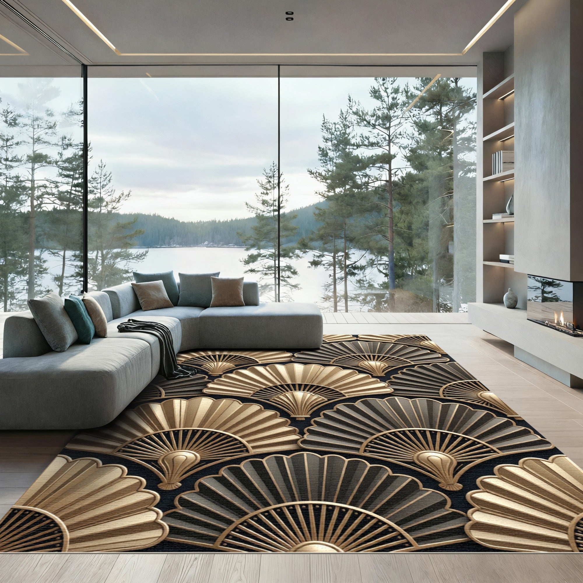 Art Deco Gold Black Fan Arrangement Rug