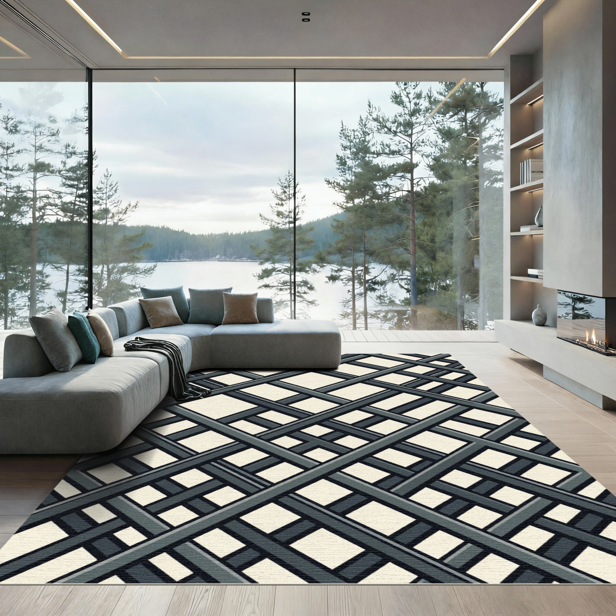 Modern Dark Gray Intersecting Grid Rug