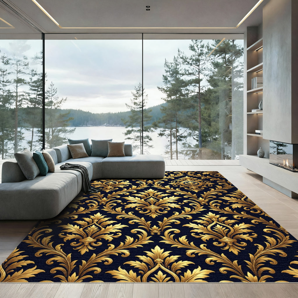 Luxury Gold Ornate Damask Navy Rug
