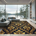 Luxury Gold Ornate Damask Navy Rug
