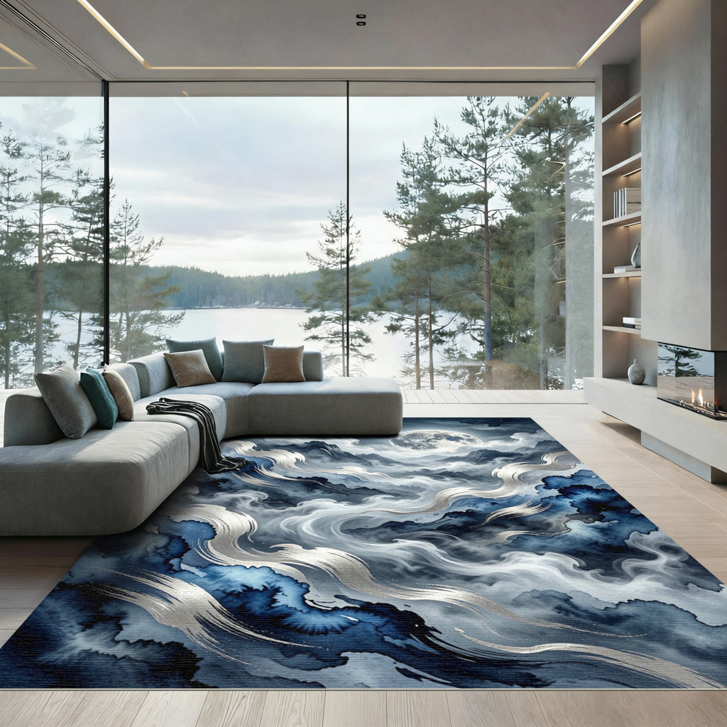 Misty Blue Moonlit Mountain Waves Rug