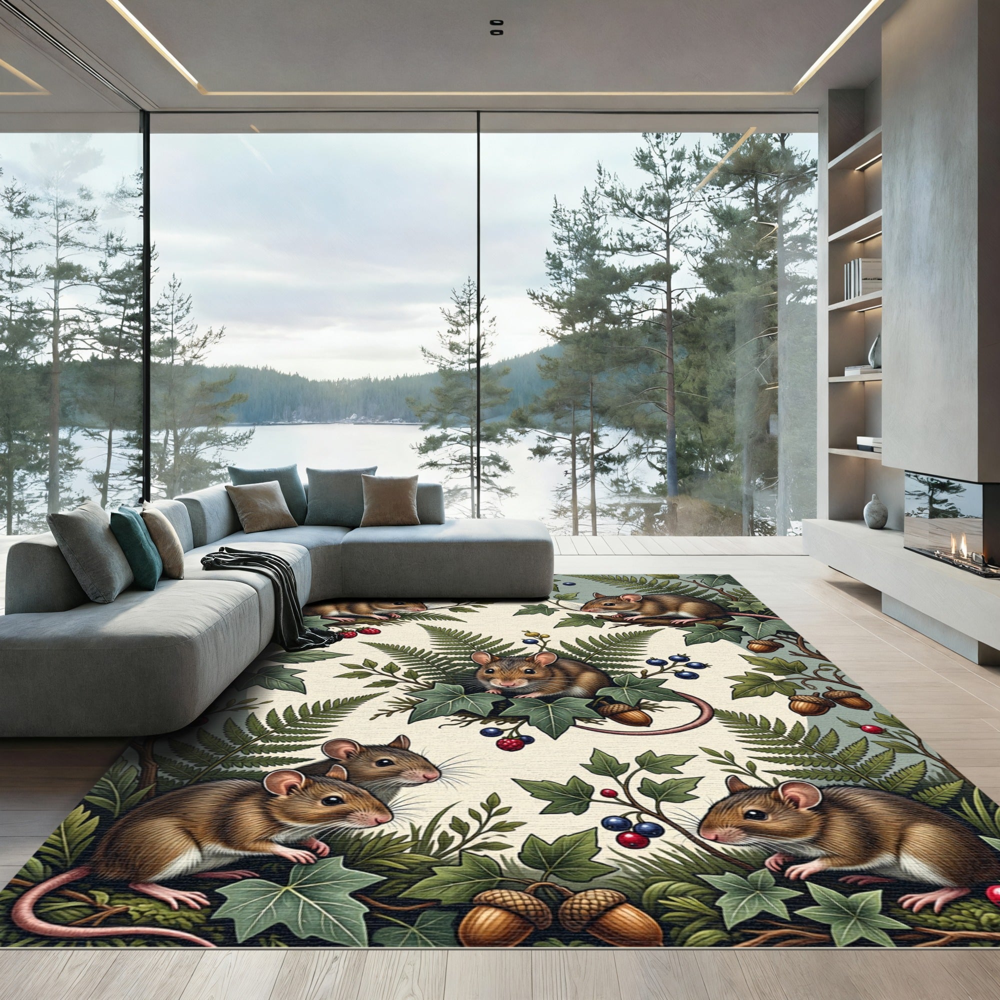 Whimsical Forest Mouse and Leafy Meadow Rug
