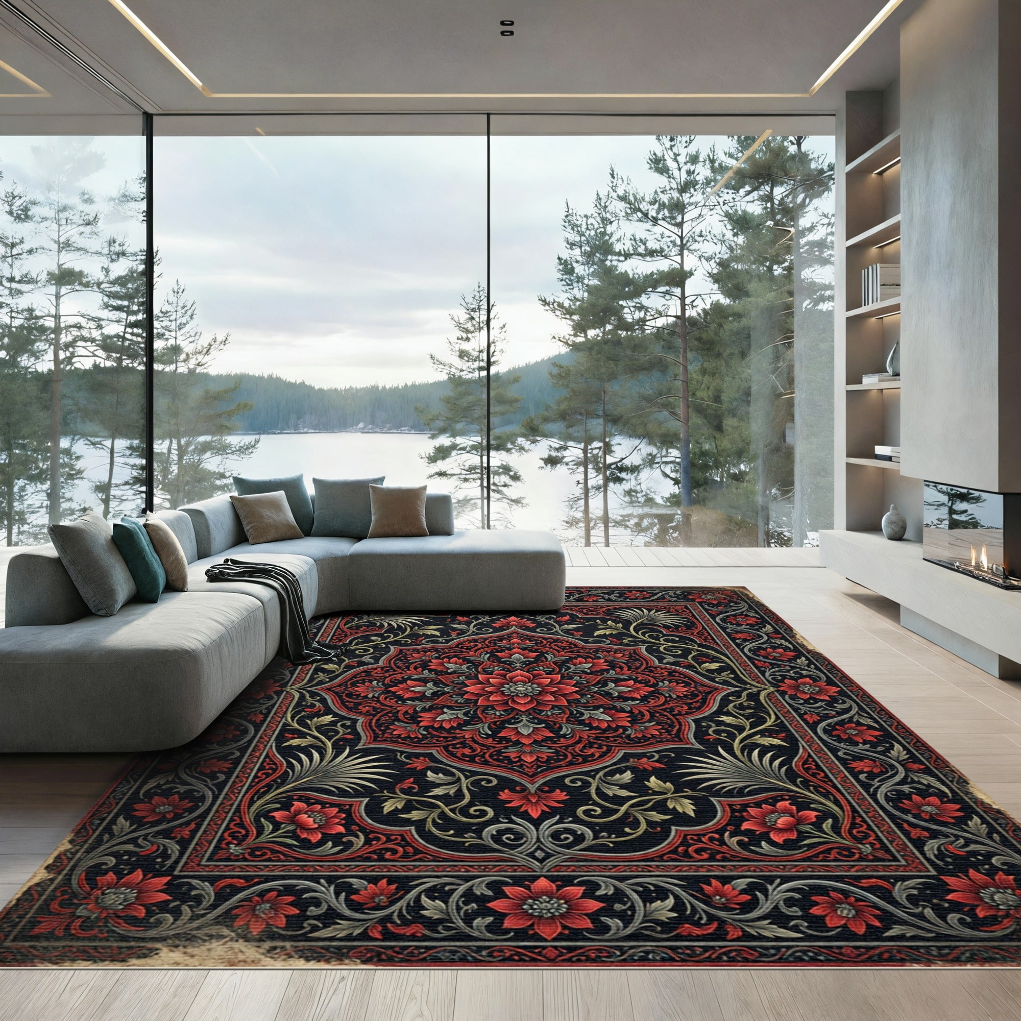 Elegant Crimson Floral Medallion Charcoal Art Rug