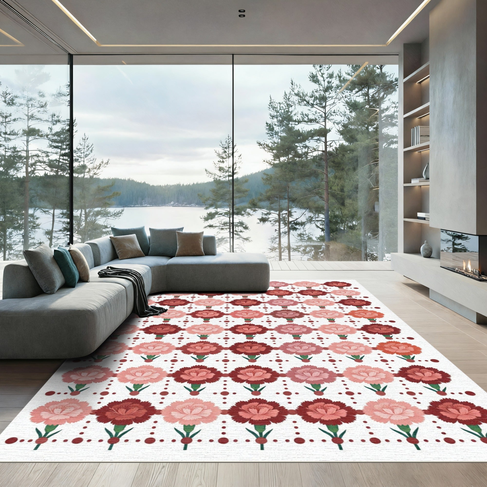 Red Pink Carnation Garden Arrangement Rug