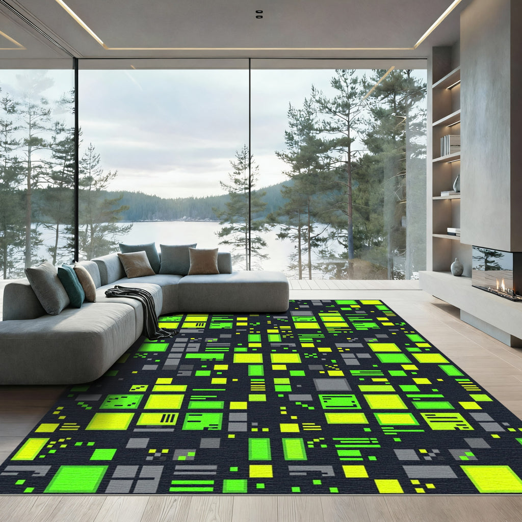 Neon Green Digital Pixel Cyber Grid Rug