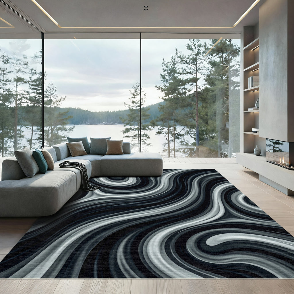 Monochrome Abstract Fluid Swirl Rug