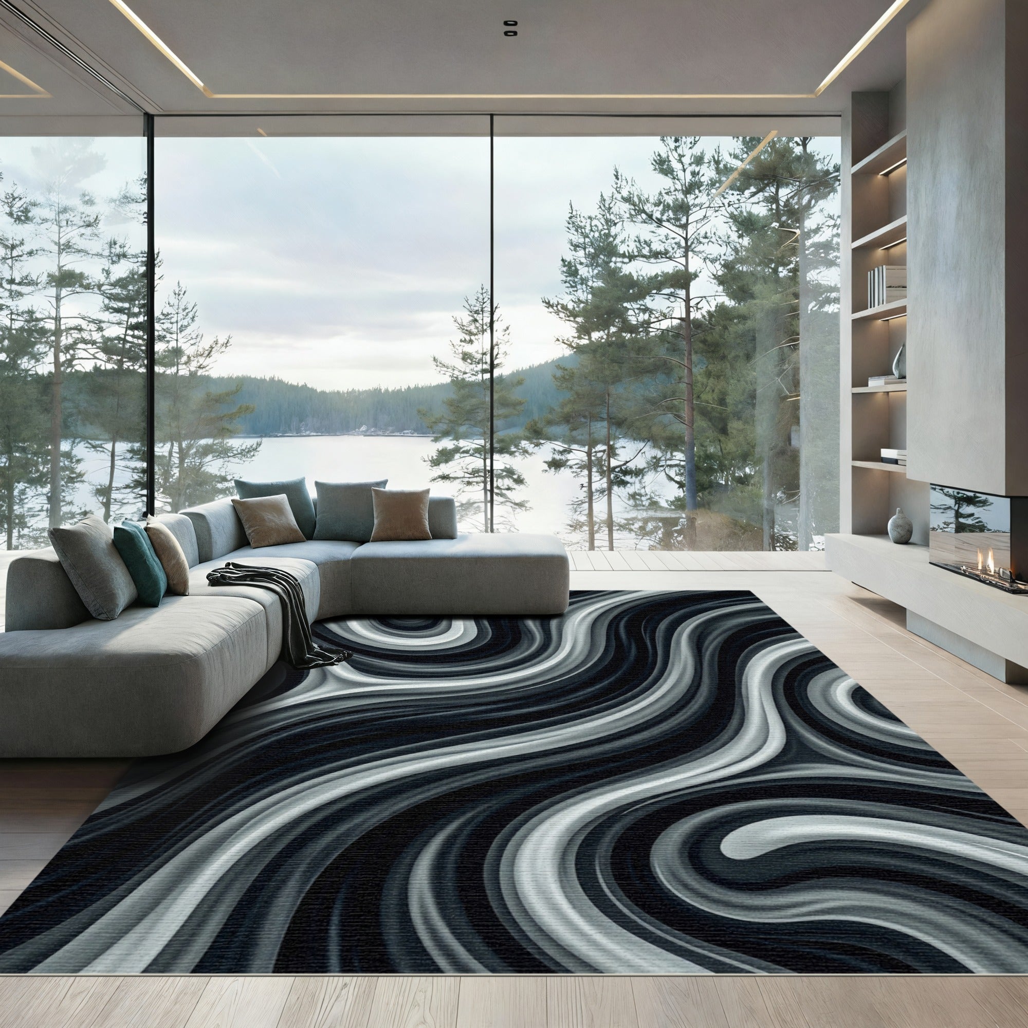 Monochrome Abstract Fluid Swirl Rug