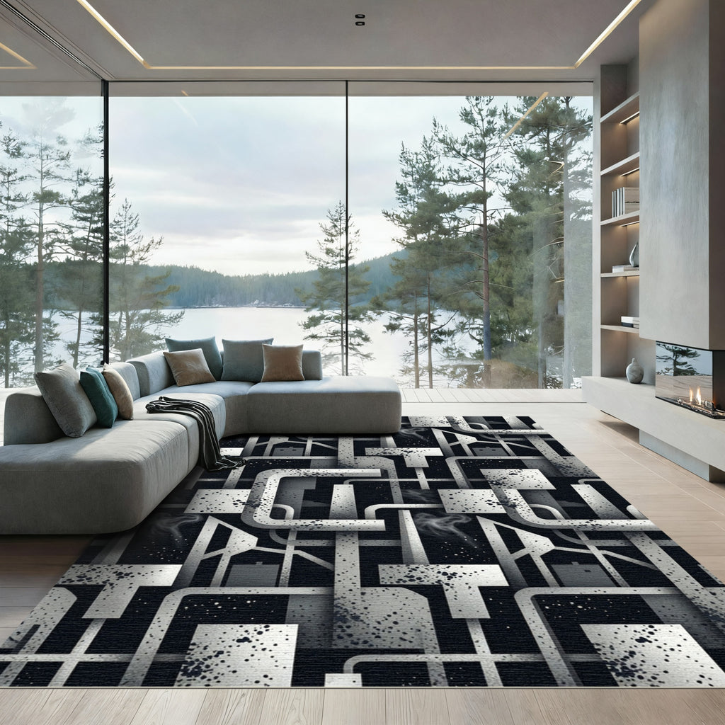 Monochromatic Industrial Pipe Geometric Art Rug