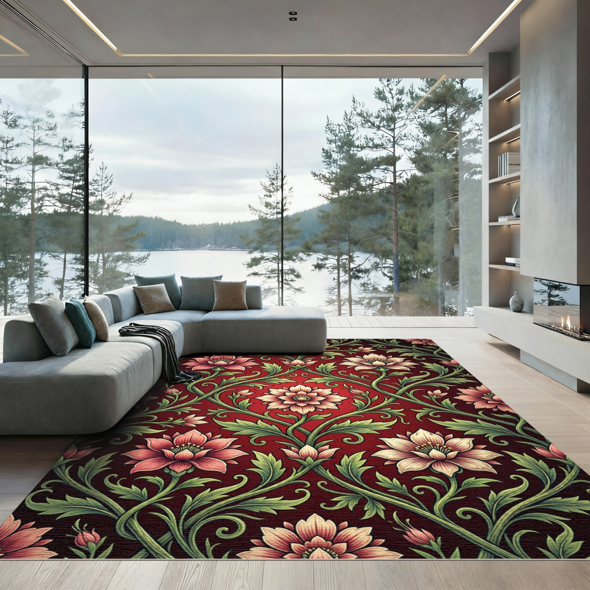 Deep Crimson Floral Damask Botanical Rug