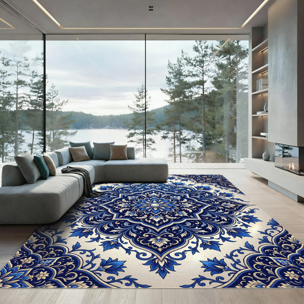 Elegant Cobalt Floral Bloom Medallion Rug