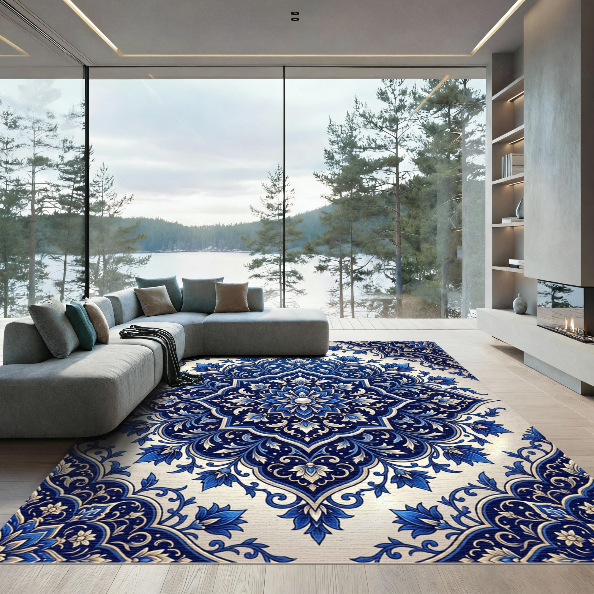 Elegant Cobalt Floral Bloom Medallion Rug