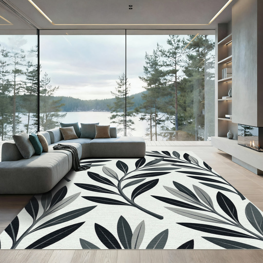 Monochrome Botanical Leaf Silhouette Art Rug