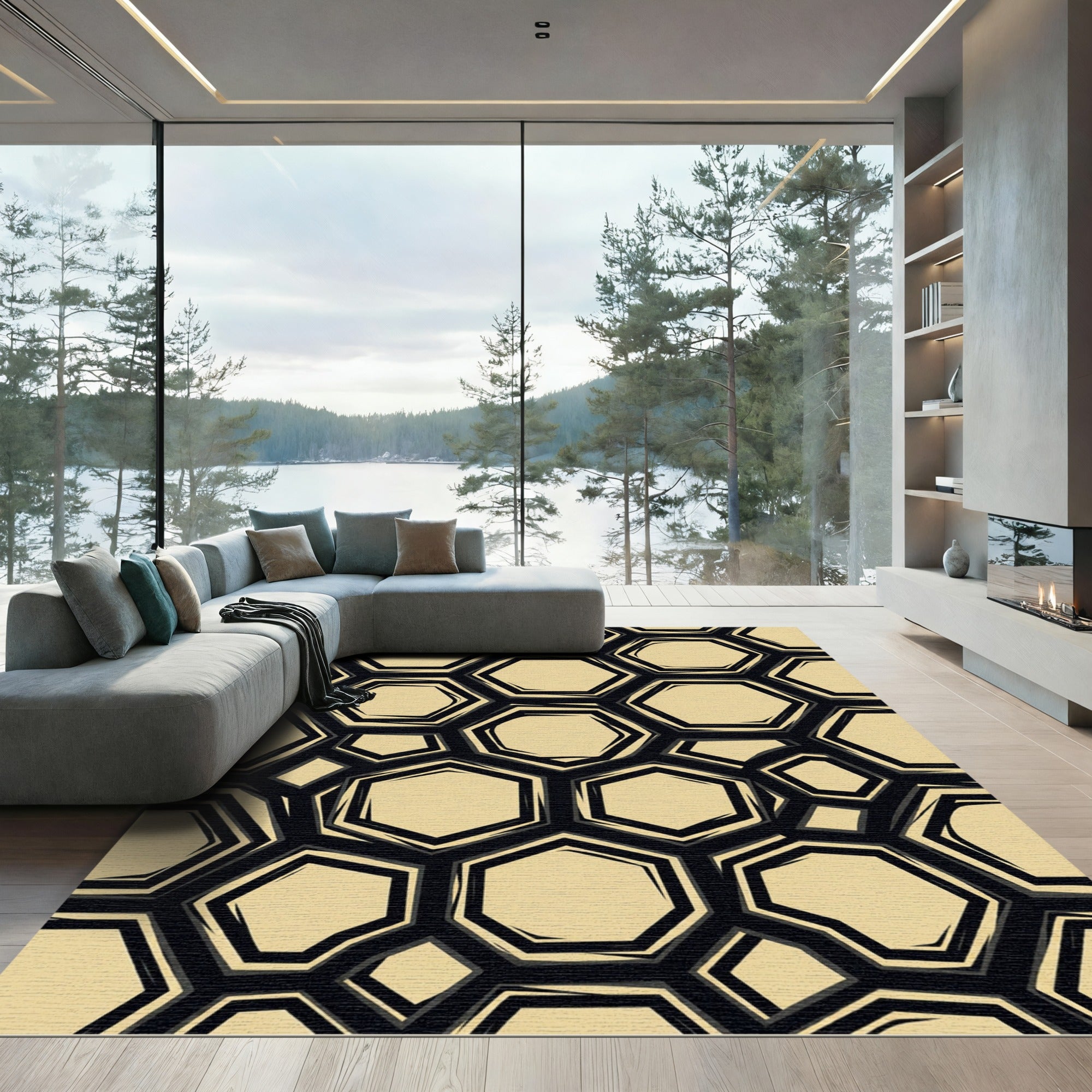 Sophisticated Black and Beige Hexagonal Grid Rug