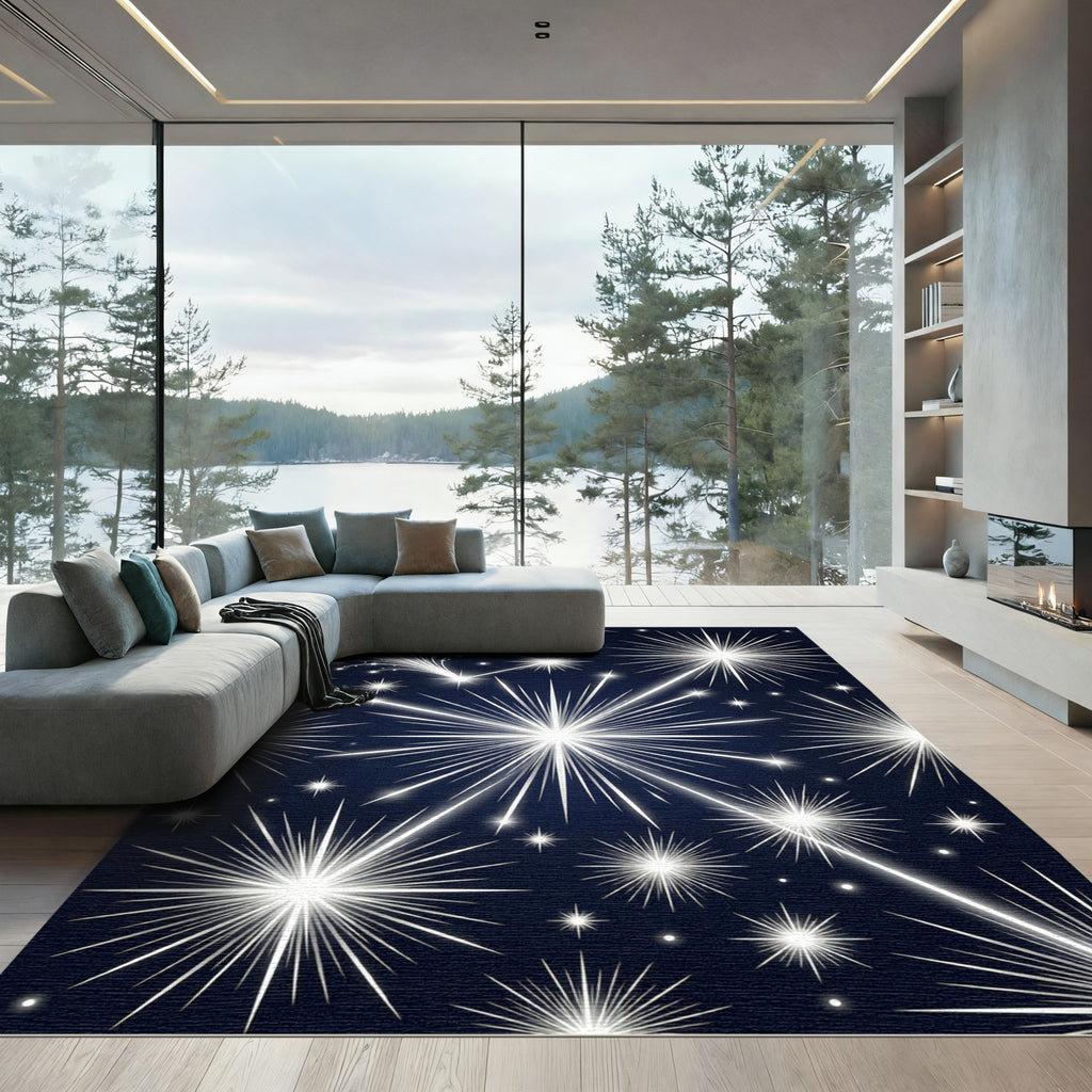 Radiant Silver Starry Night Celestial Rug