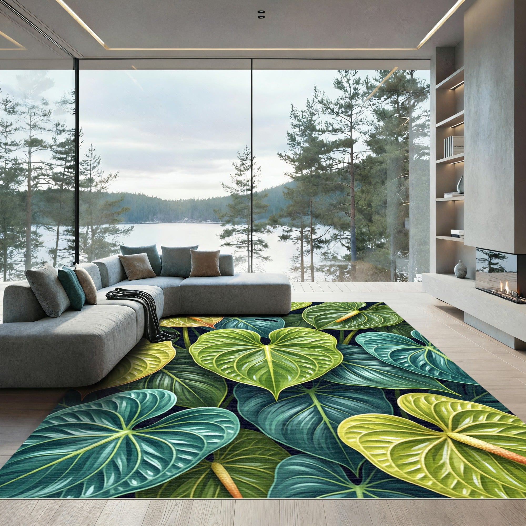 Lush Tropical Anthurium Leaf Botanical Art Rug