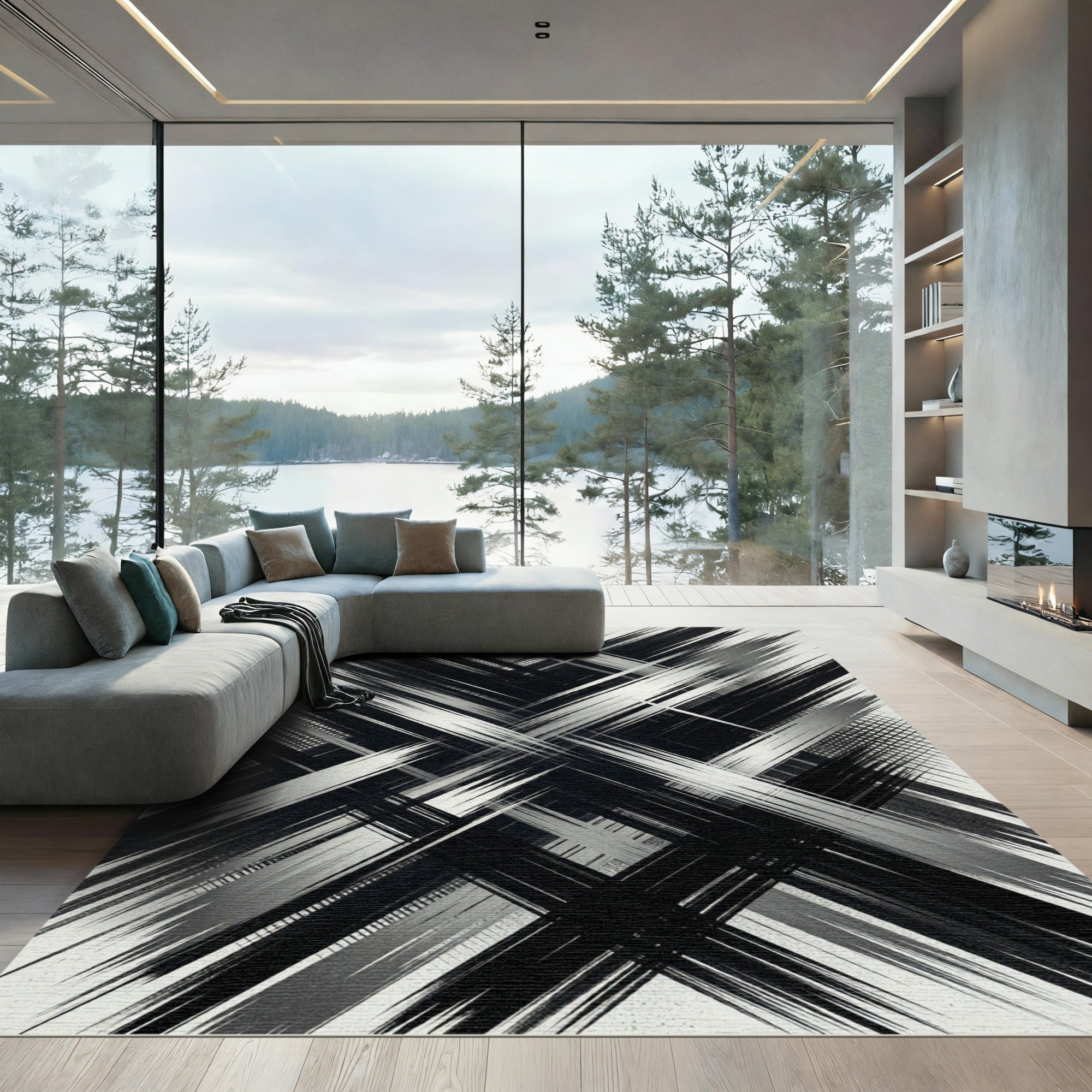 Black White Abstract Scratched Lines Rug
