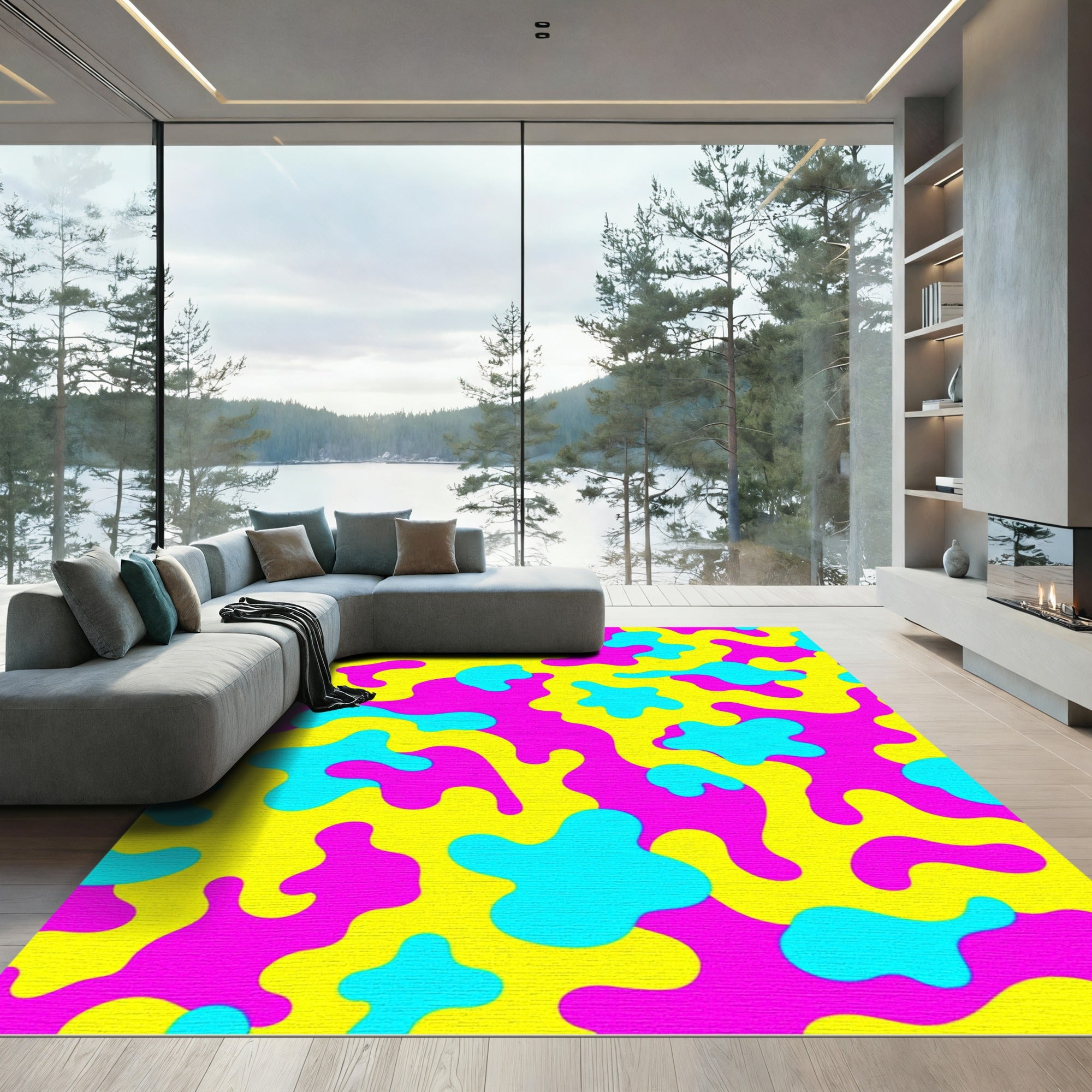 Vibrant Pink Yellow Blue Camo Rug