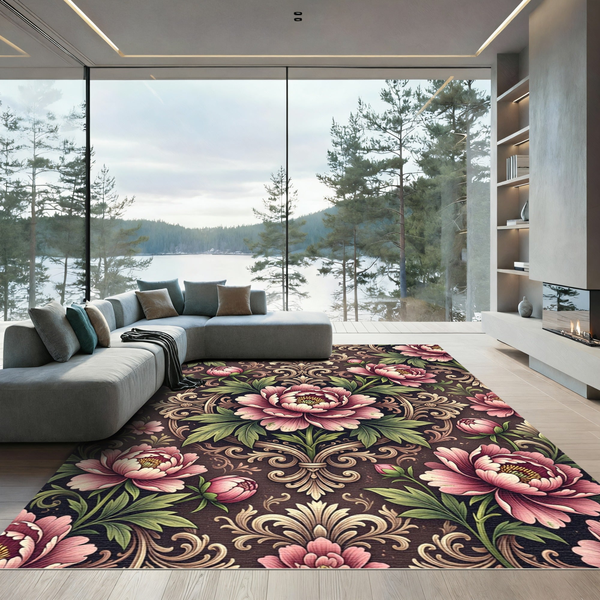 Elegant Pink Peony Damask Scroll Rug