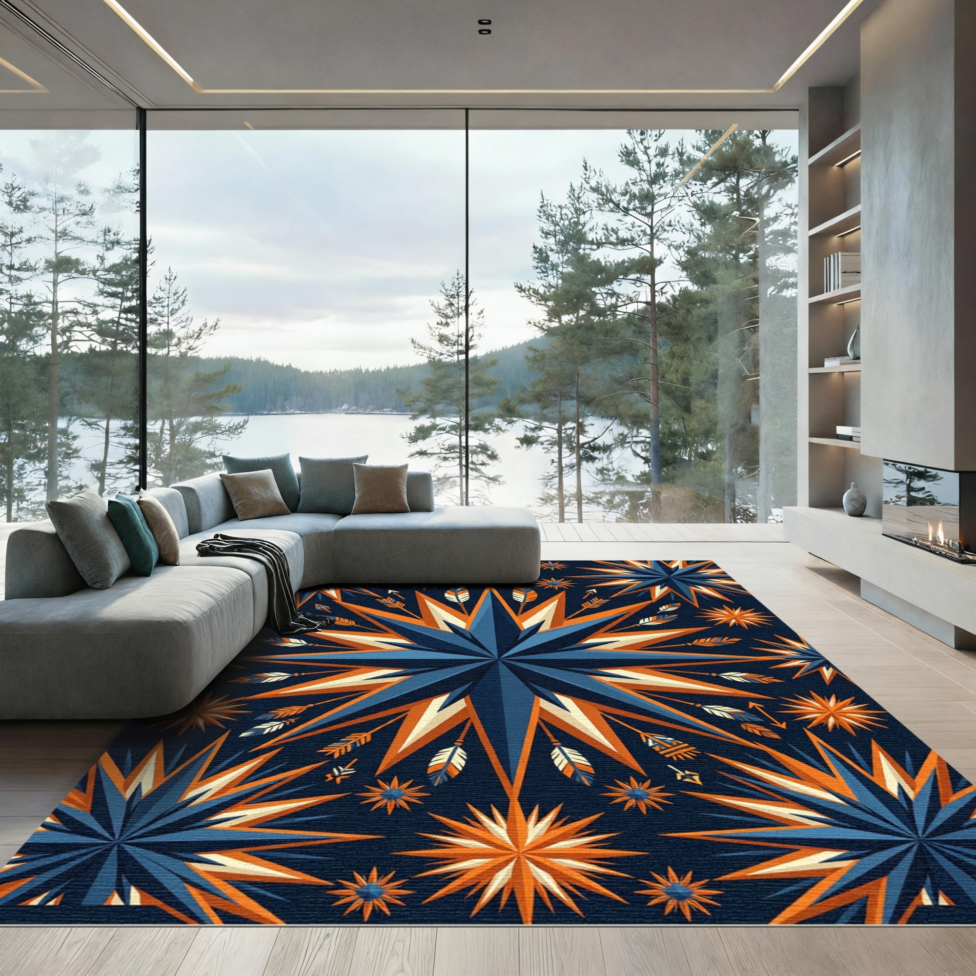 Celestial Geometric Star and Feather Cobalt Orange Accent Rug