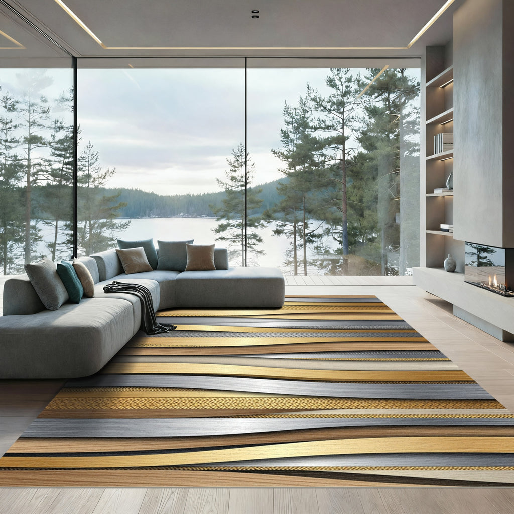Gold Silver Wood Layered Texture Rug