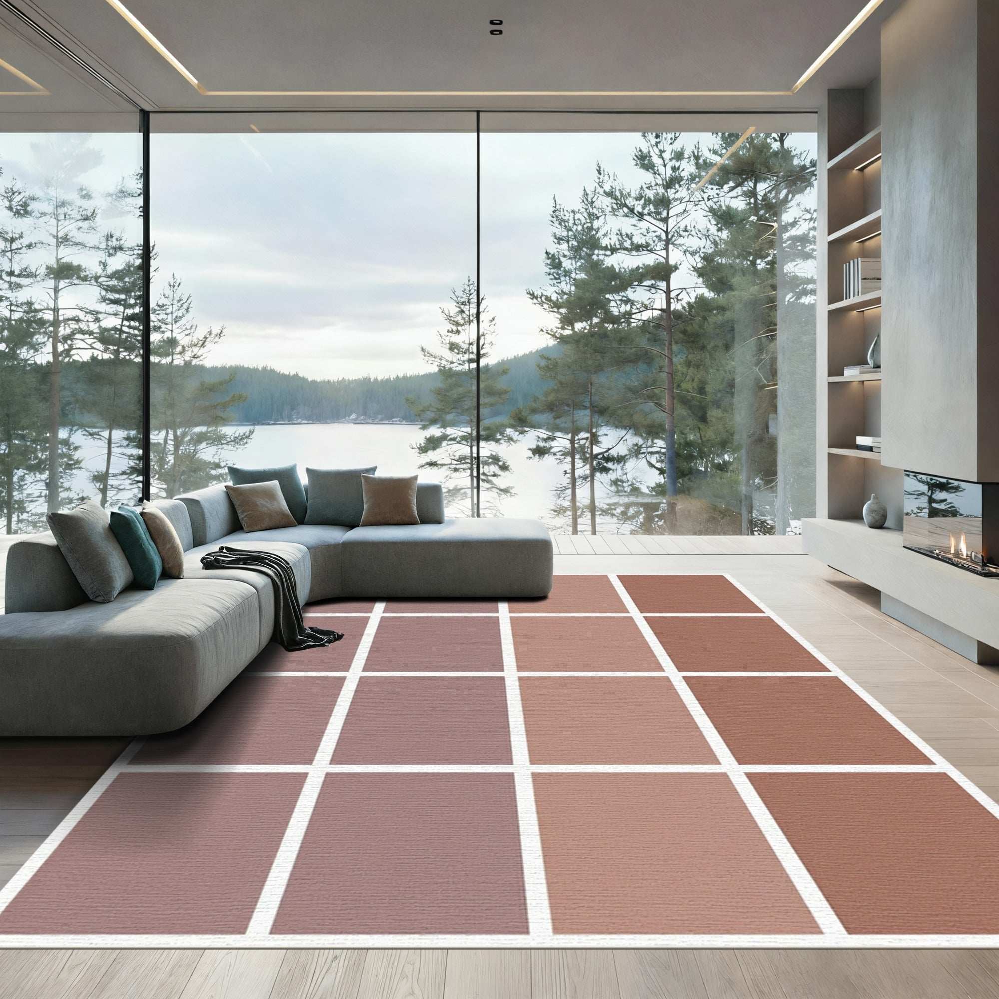 Muted Rose Terracotta Gradient Squares Rug