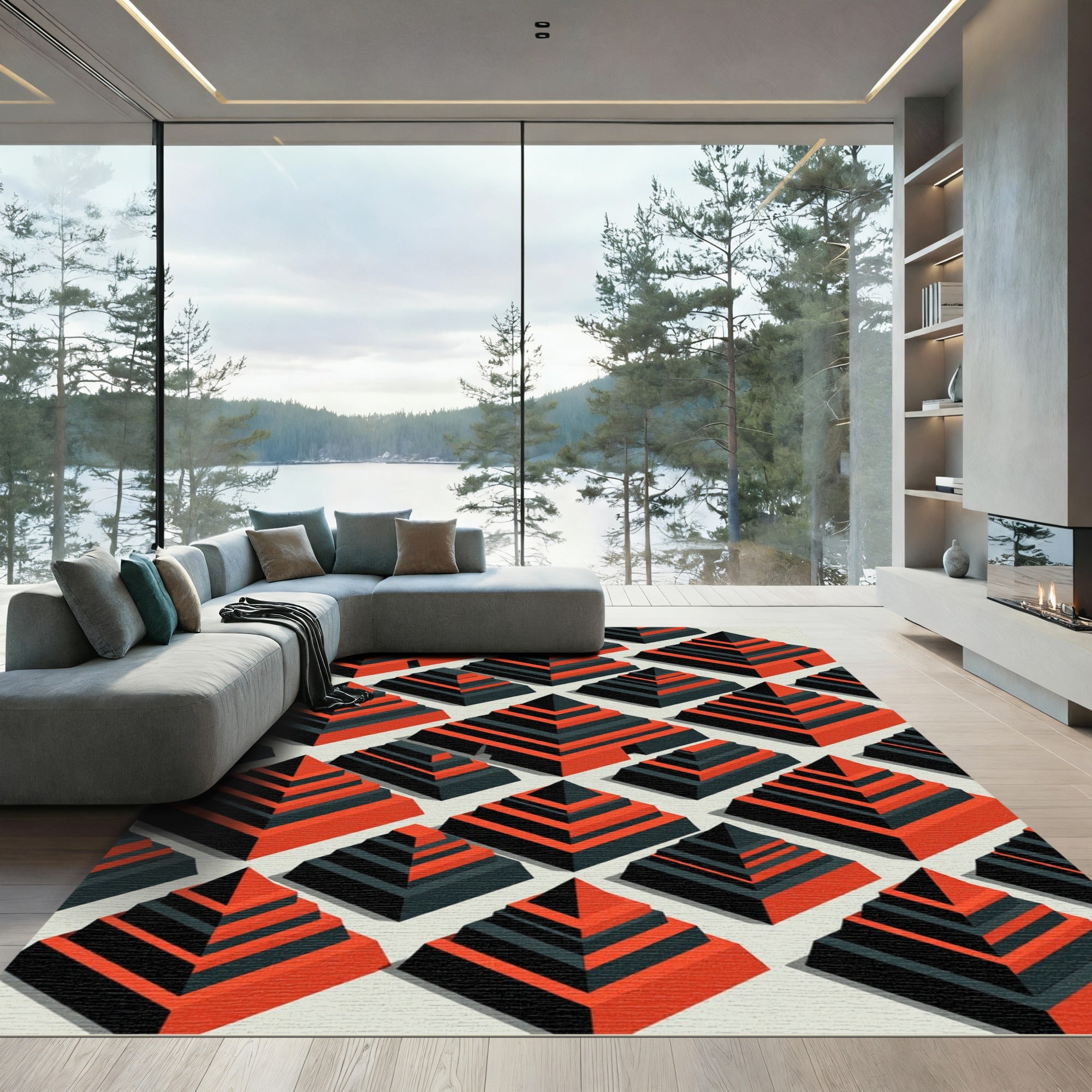 Modern Red Black Stepped Pyramid Rug
