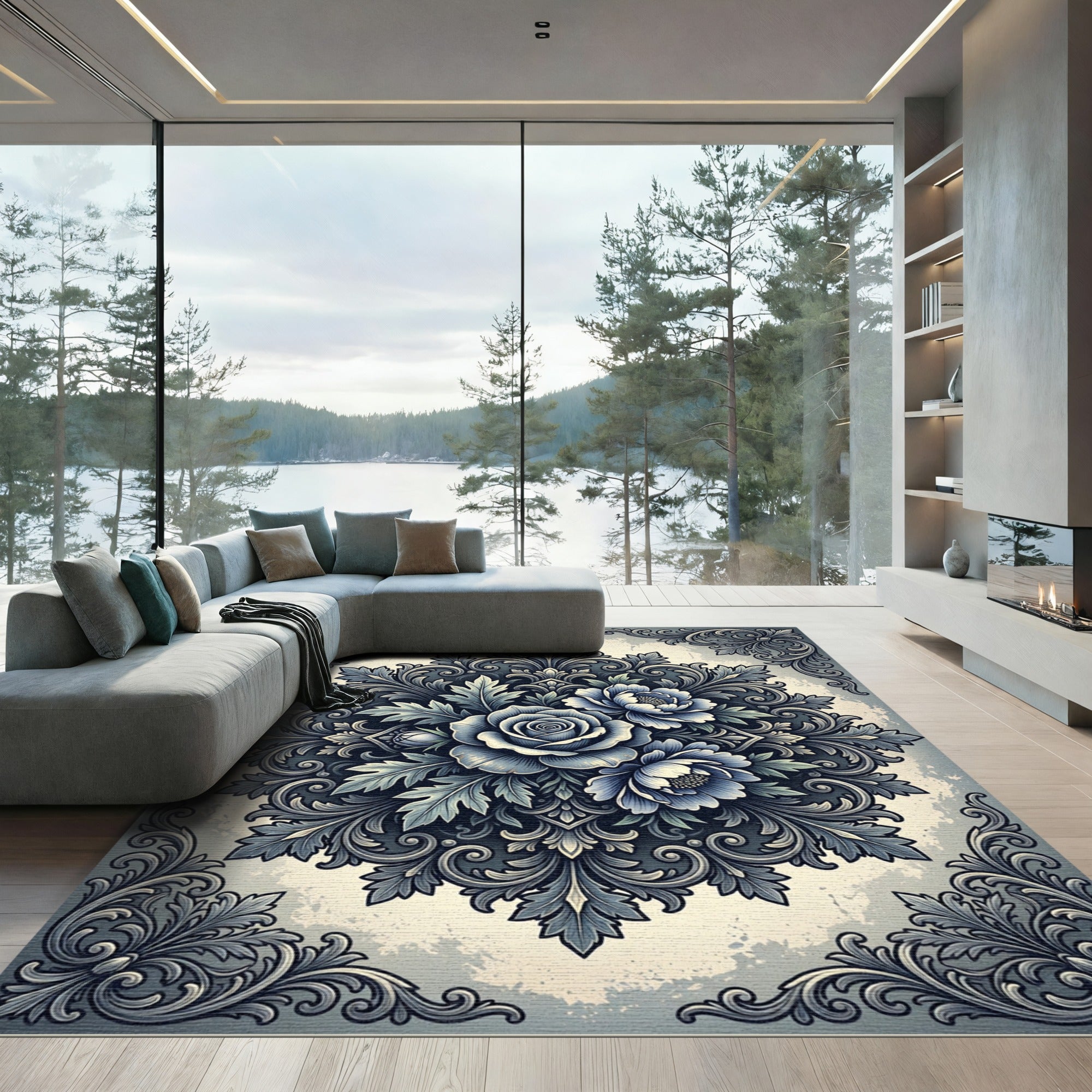 Elegant Blue Floral Ornament Medallion Rug