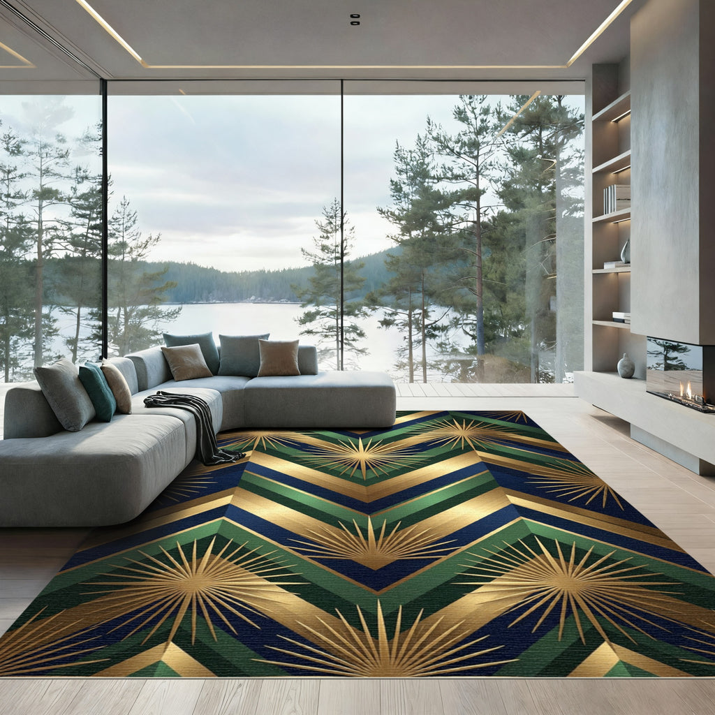 Art Deco Emerald Gold Sunburst Geometric Rug
