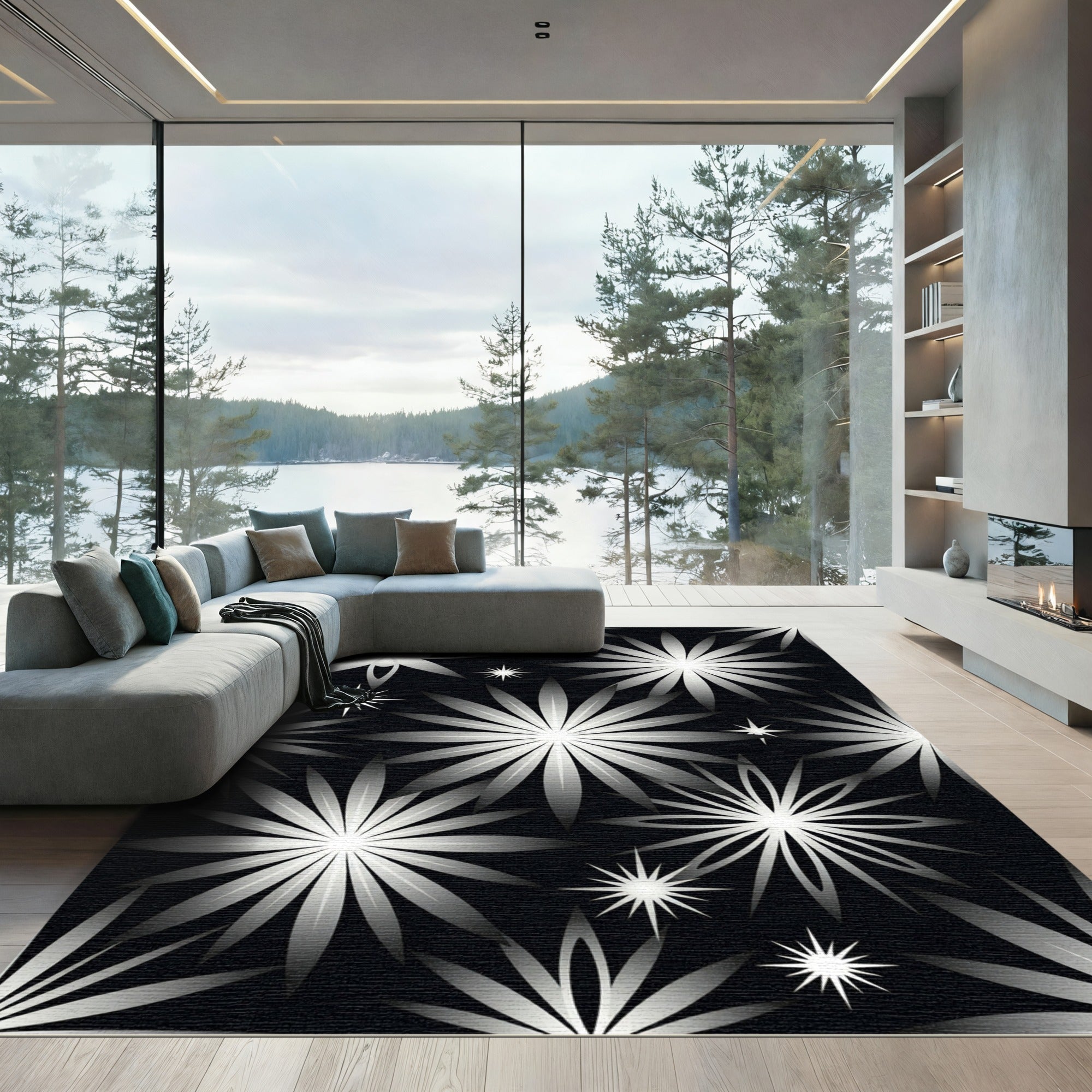 Silver Starburst Floral Black Rug