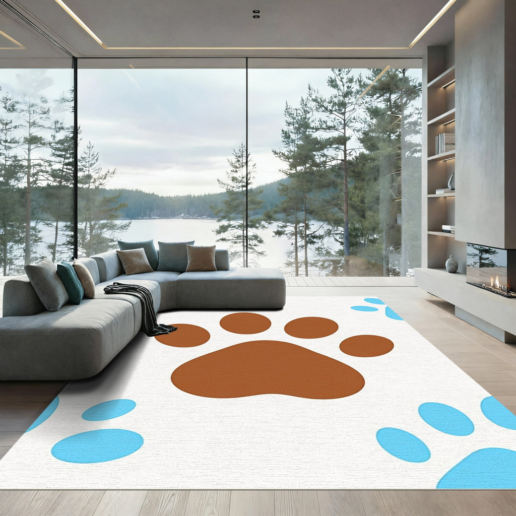 Brown Blue Paw Prints Repeat Rug