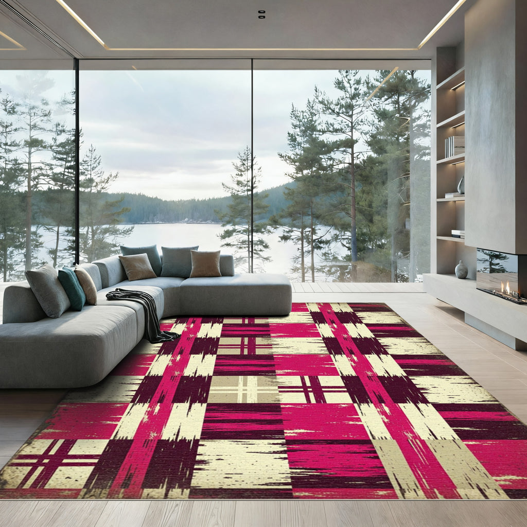 Grungy Magenta Plaid Squares Rug