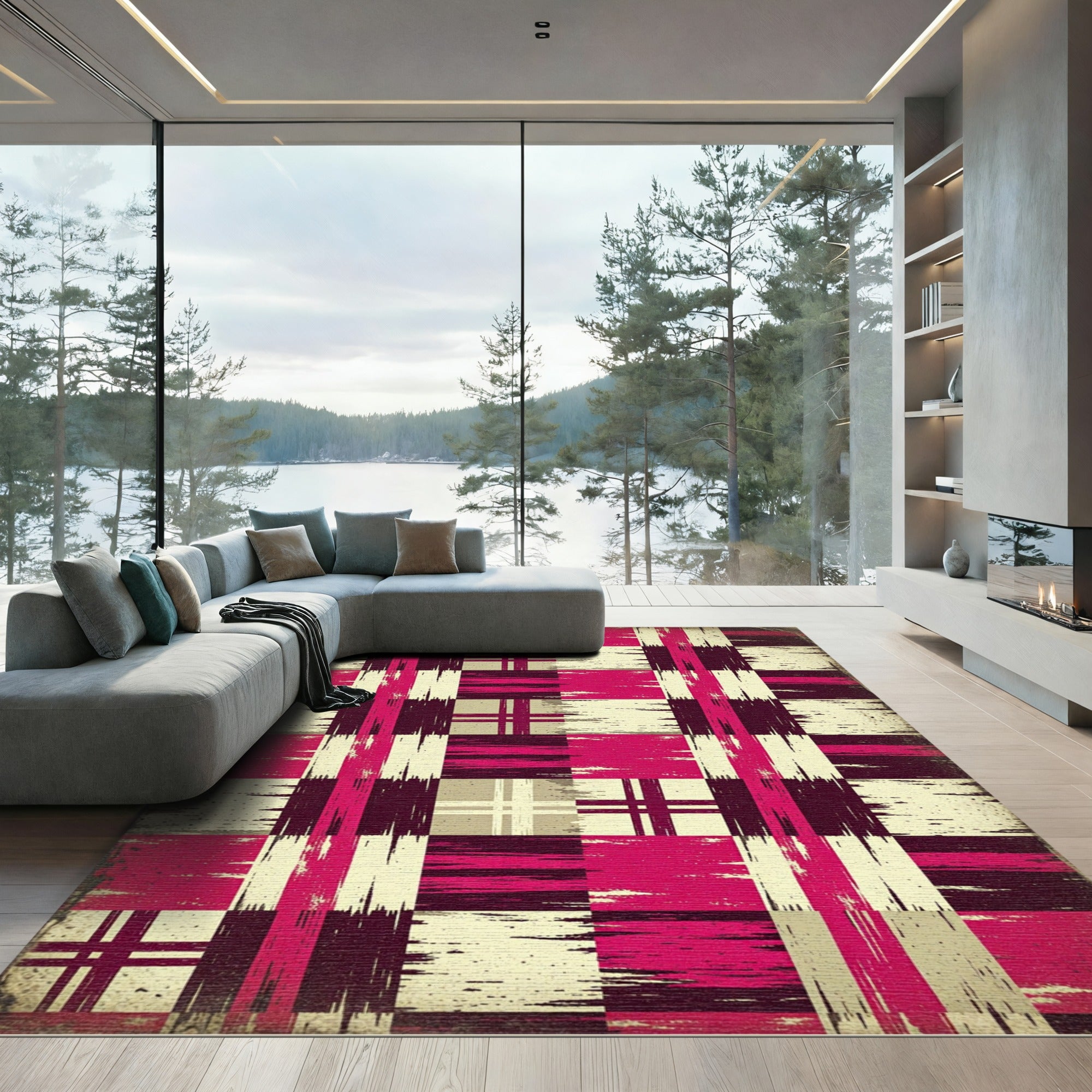Grungy Magenta Plaid Squares Rug