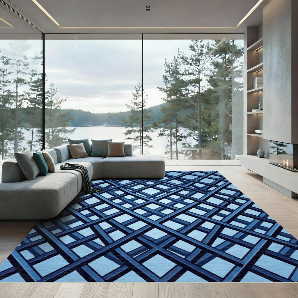 Contemporary Navy Blue Intersecting Lattice Rug
