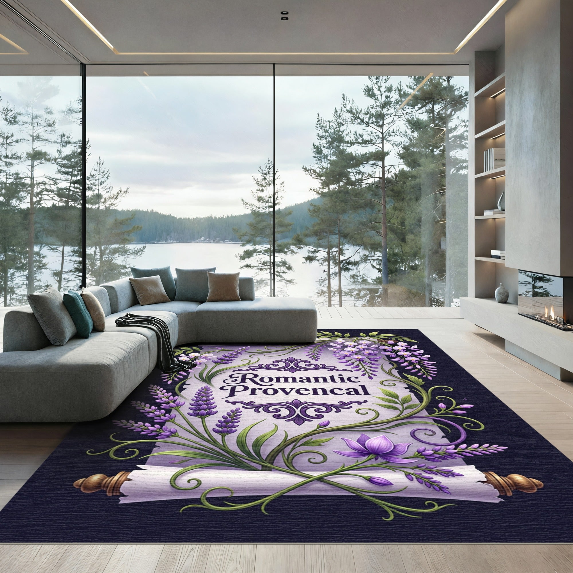 Lavender Wisteria Floral Scroll Rug
