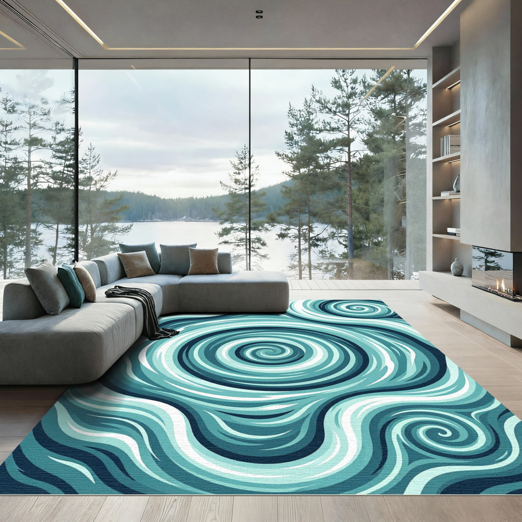 Deep Cyan Abstract Swirl Wave Surface Rug