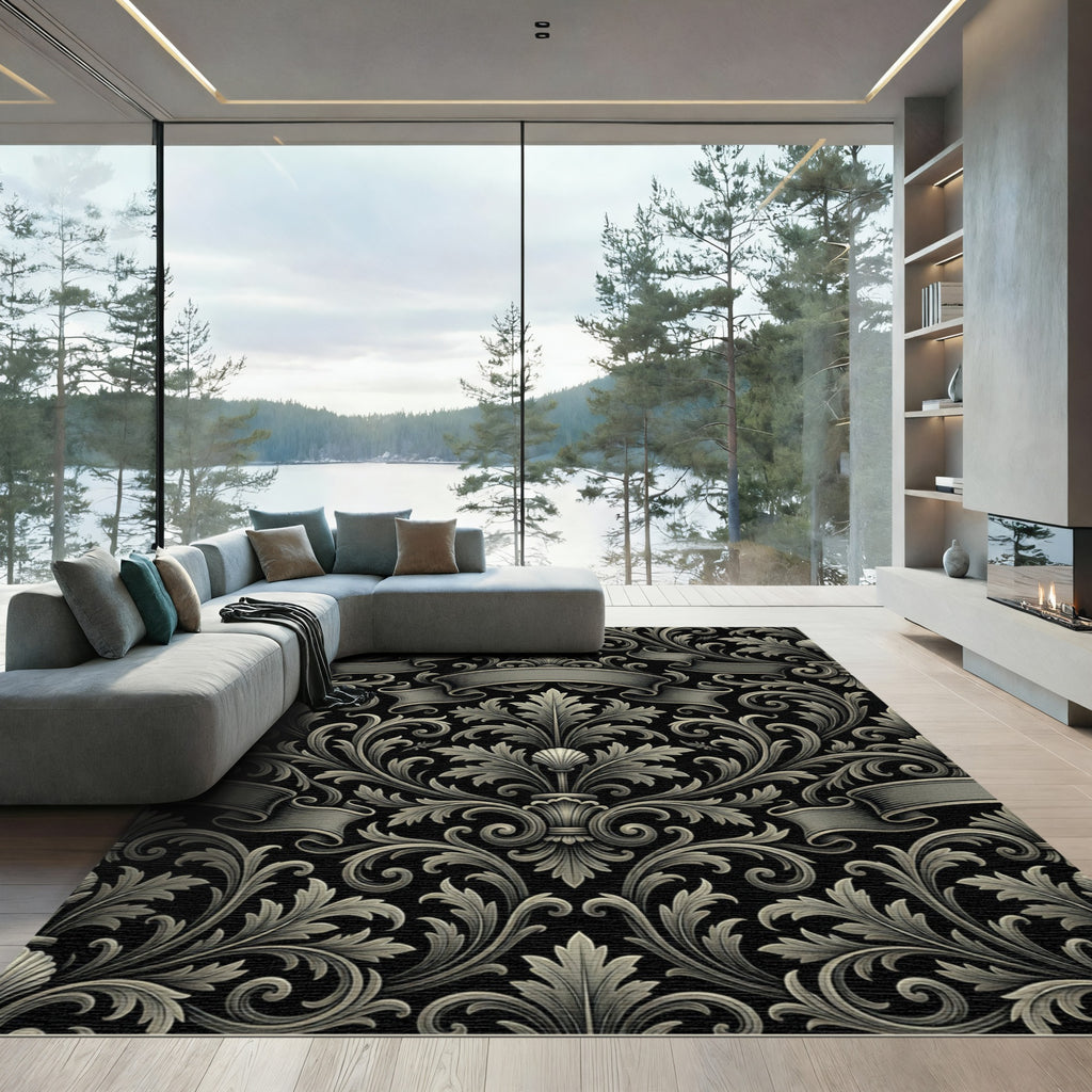 Gray Baroque Scroll Ribbon Rug