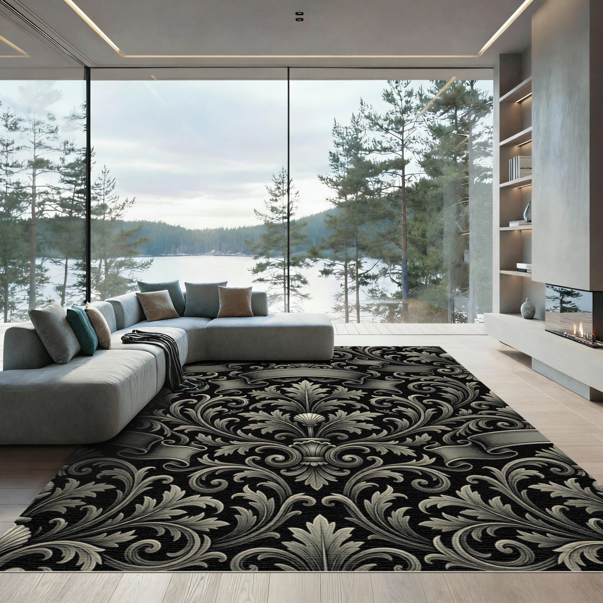 Gray Baroque Scroll Ribbon Rug