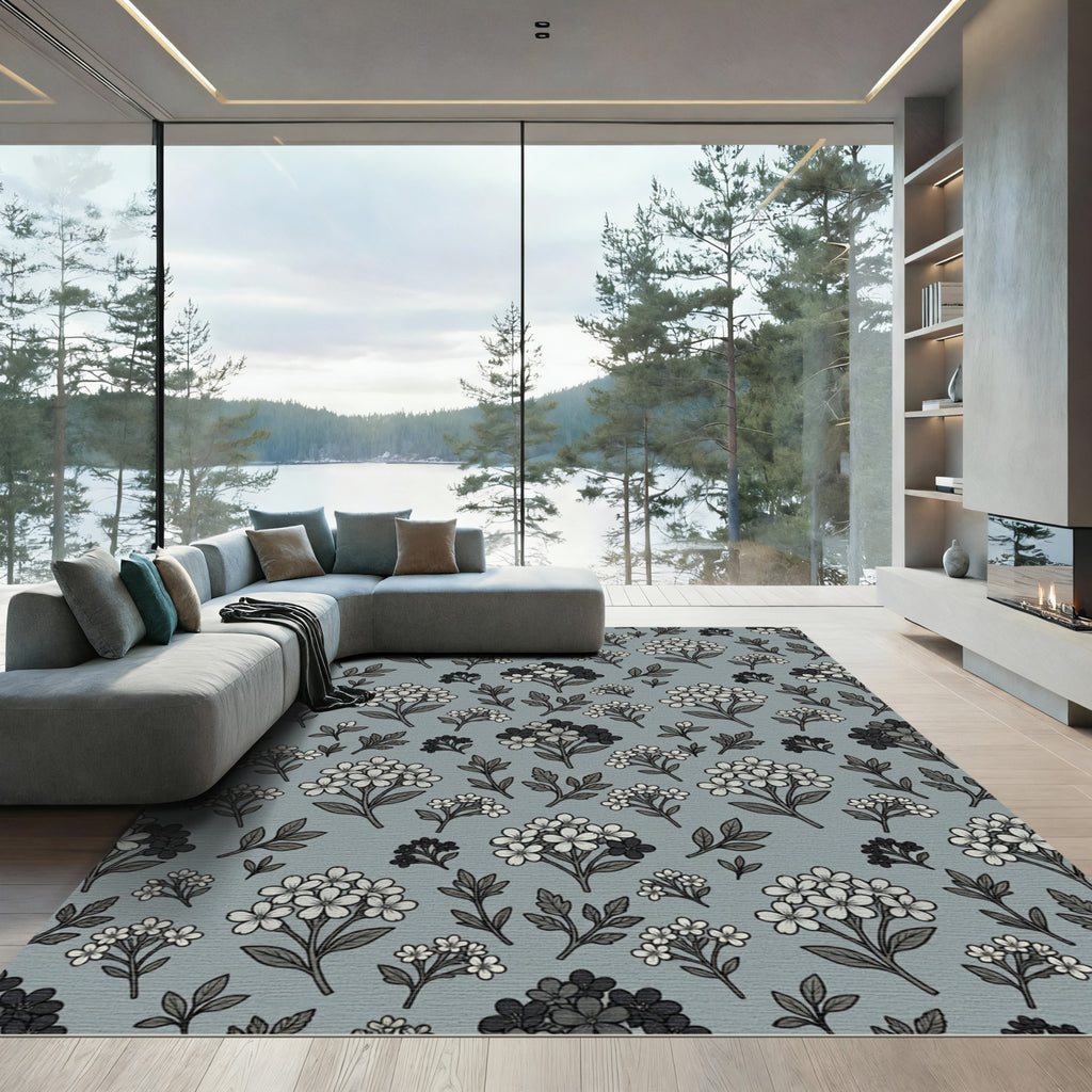 Gray White Floral Blossom Cluster Rug