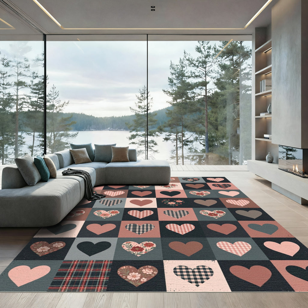 Burgundy Floral Heart Patchwork Rug
