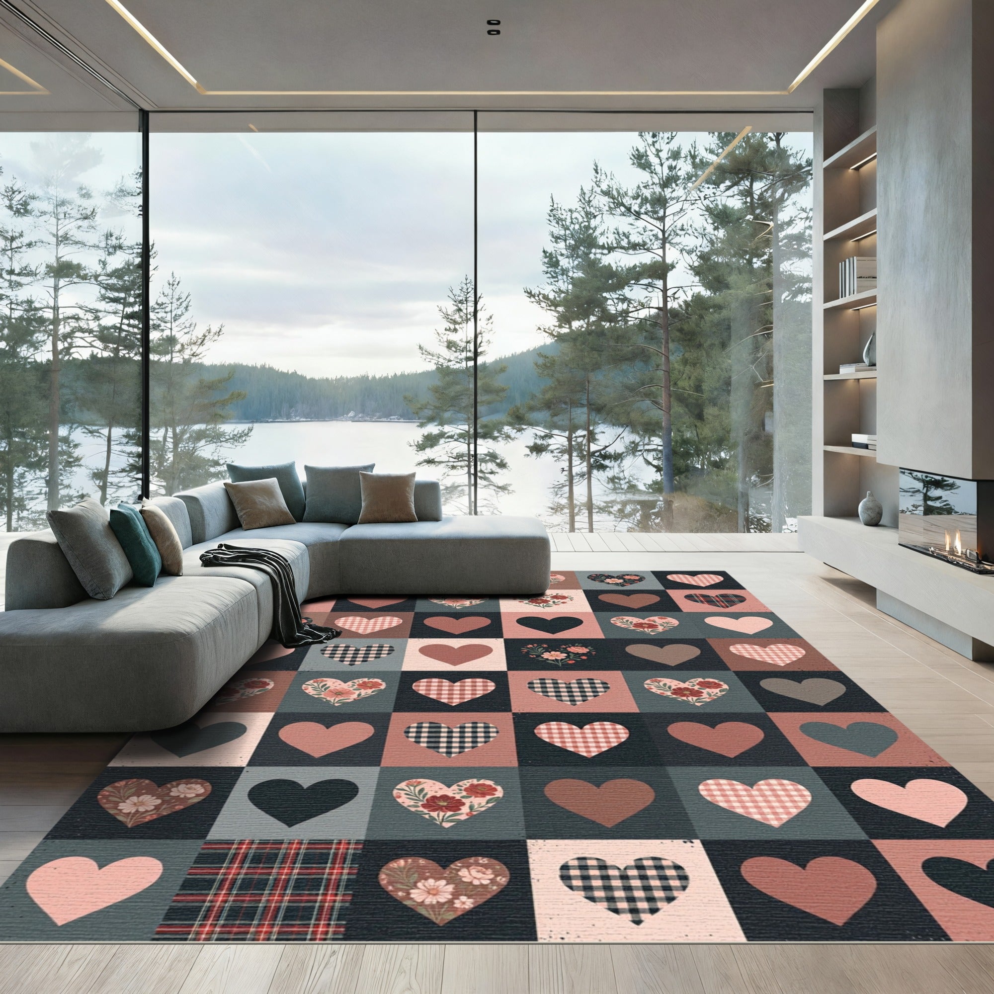 Burgundy Floral Heart Patchwork Rug