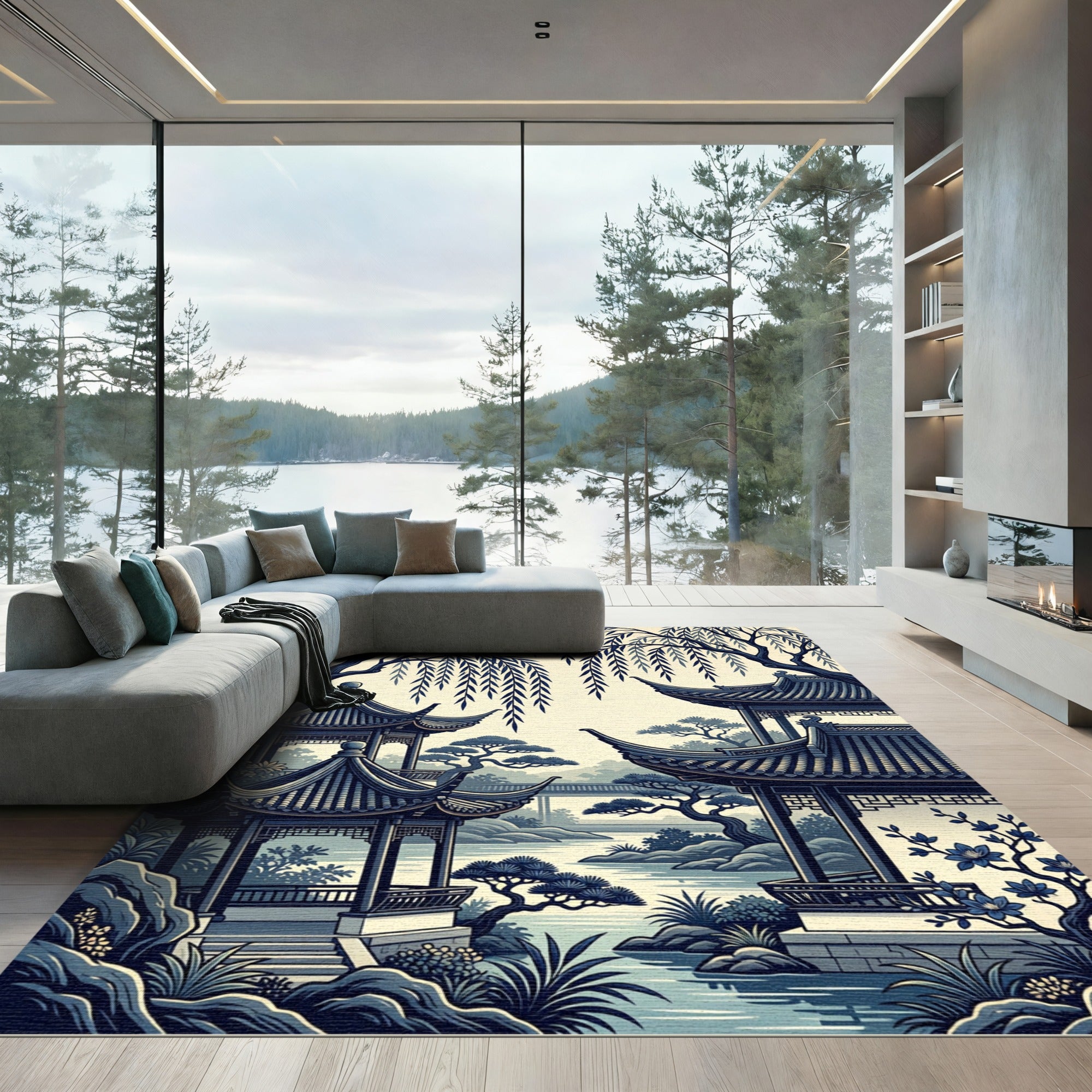 Blue Willow Pagoda Garden Landscape Rug