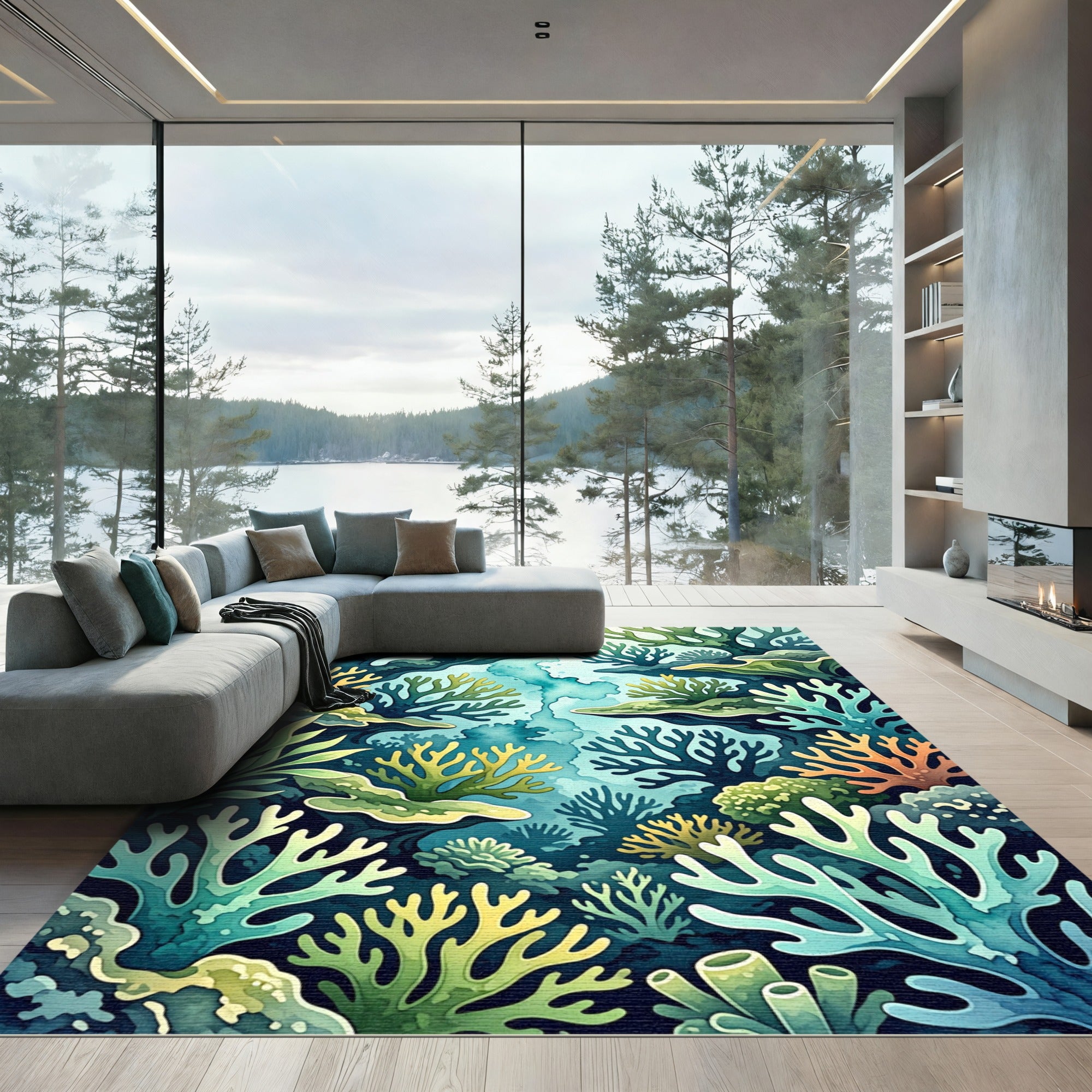 Vibrant Teal Coral Reef Garden Rug