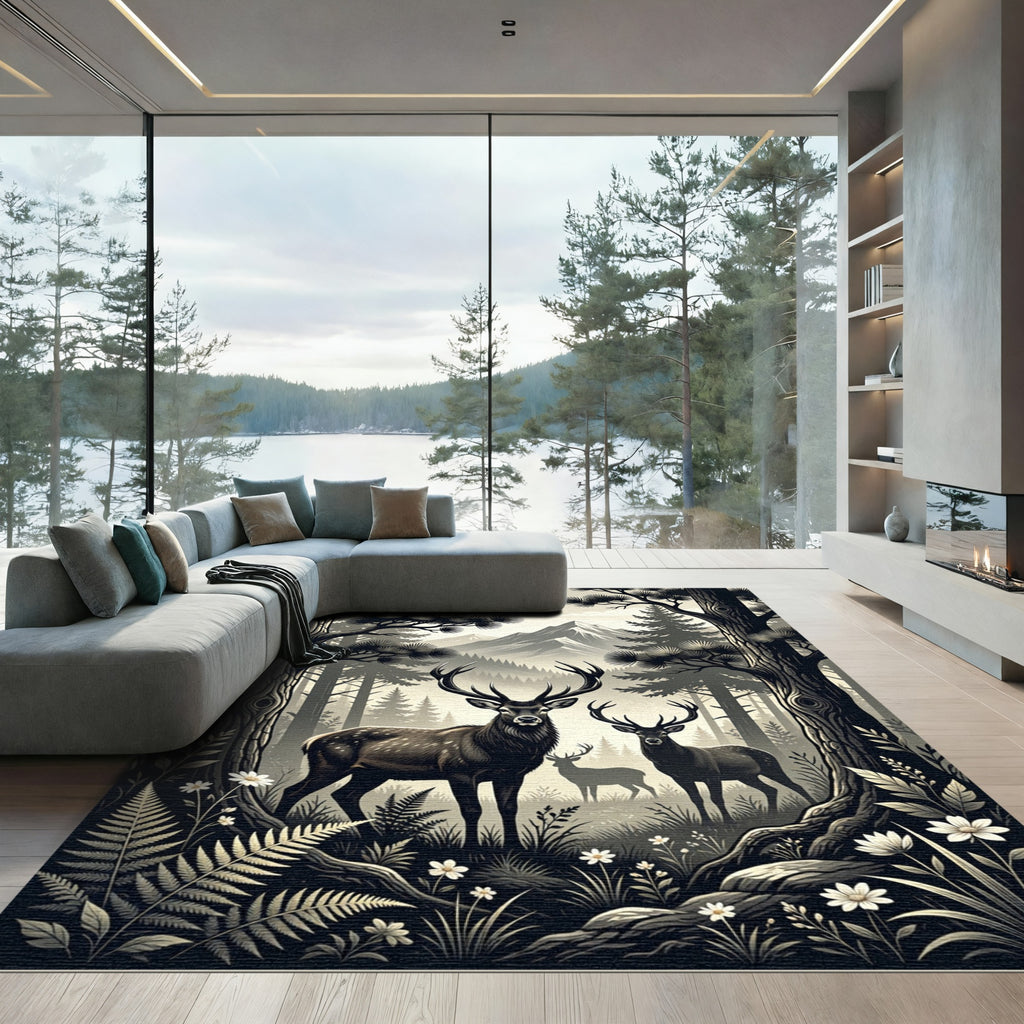 Monochrome Mountain Forest Deer Landscape Rug