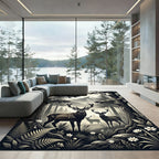 Monochrome Mountain Forest Deer Landscape Rug
