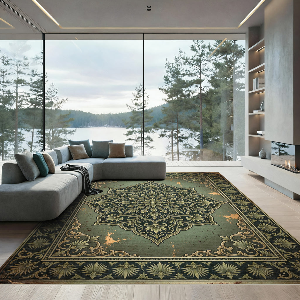 Symmetrical Sage Gold Ornate Medallion Rug