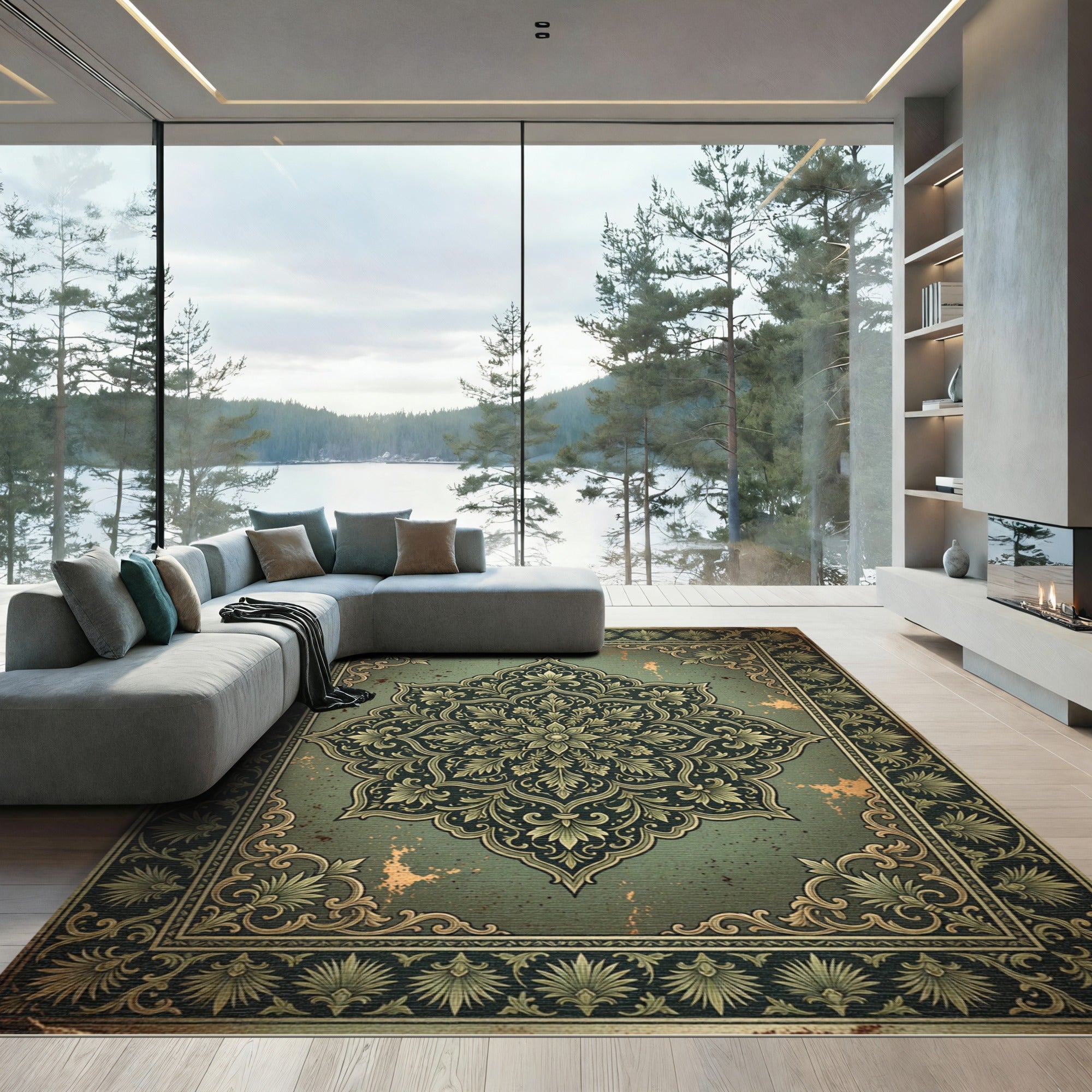 Symmetrical Sage Gold Ornate Medallion Rug
