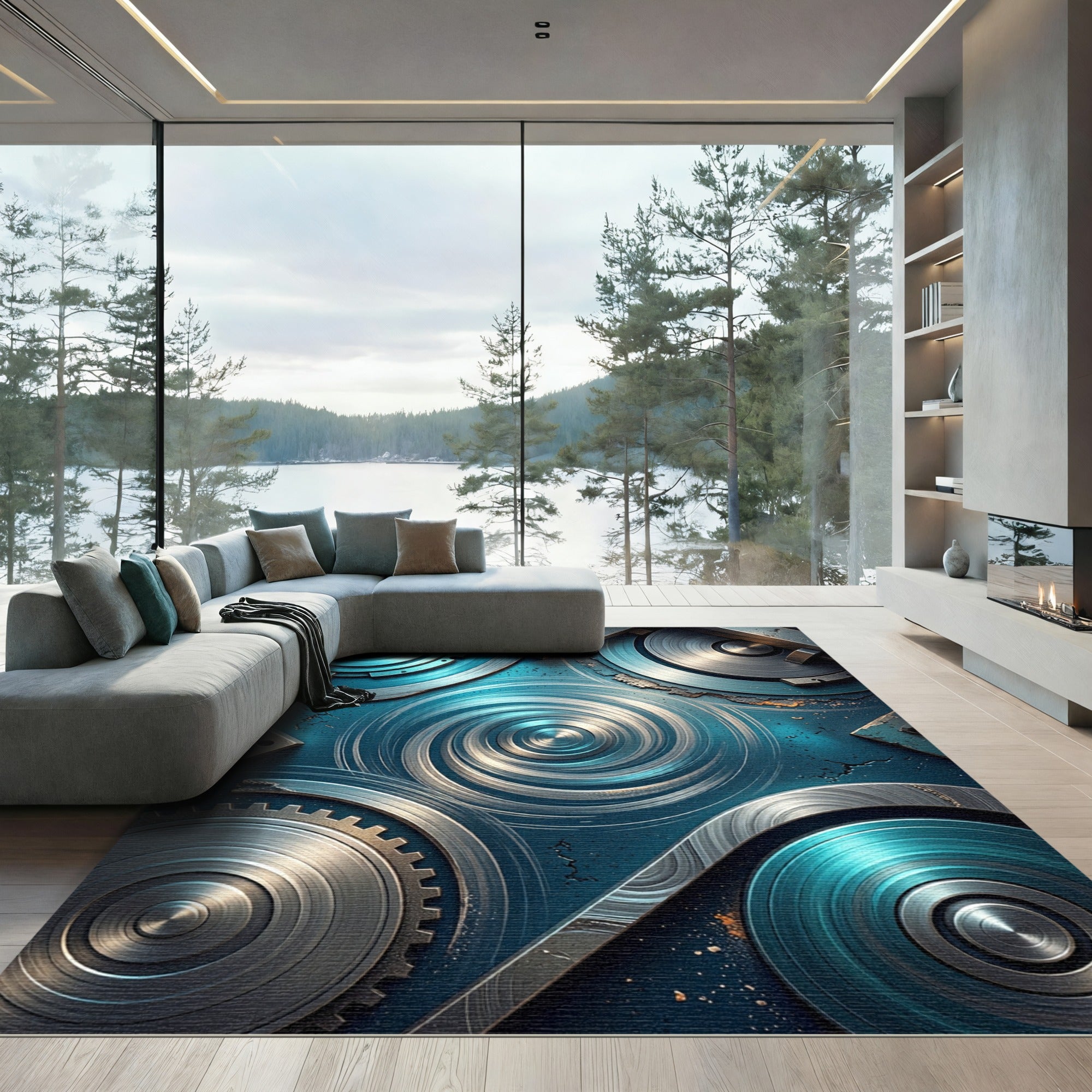 Industrial Teal Metal Swirl Gears Rug