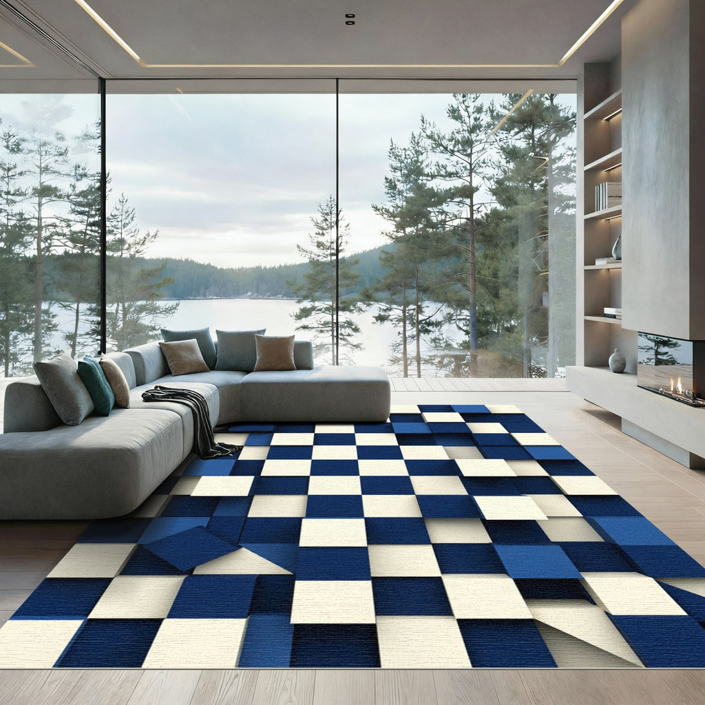 Deep Blue White Geometric Cubes Rug
