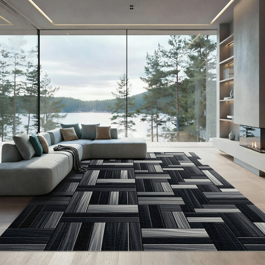 Monochrome Geometric Interlocking Wood Grain Parquet Rug