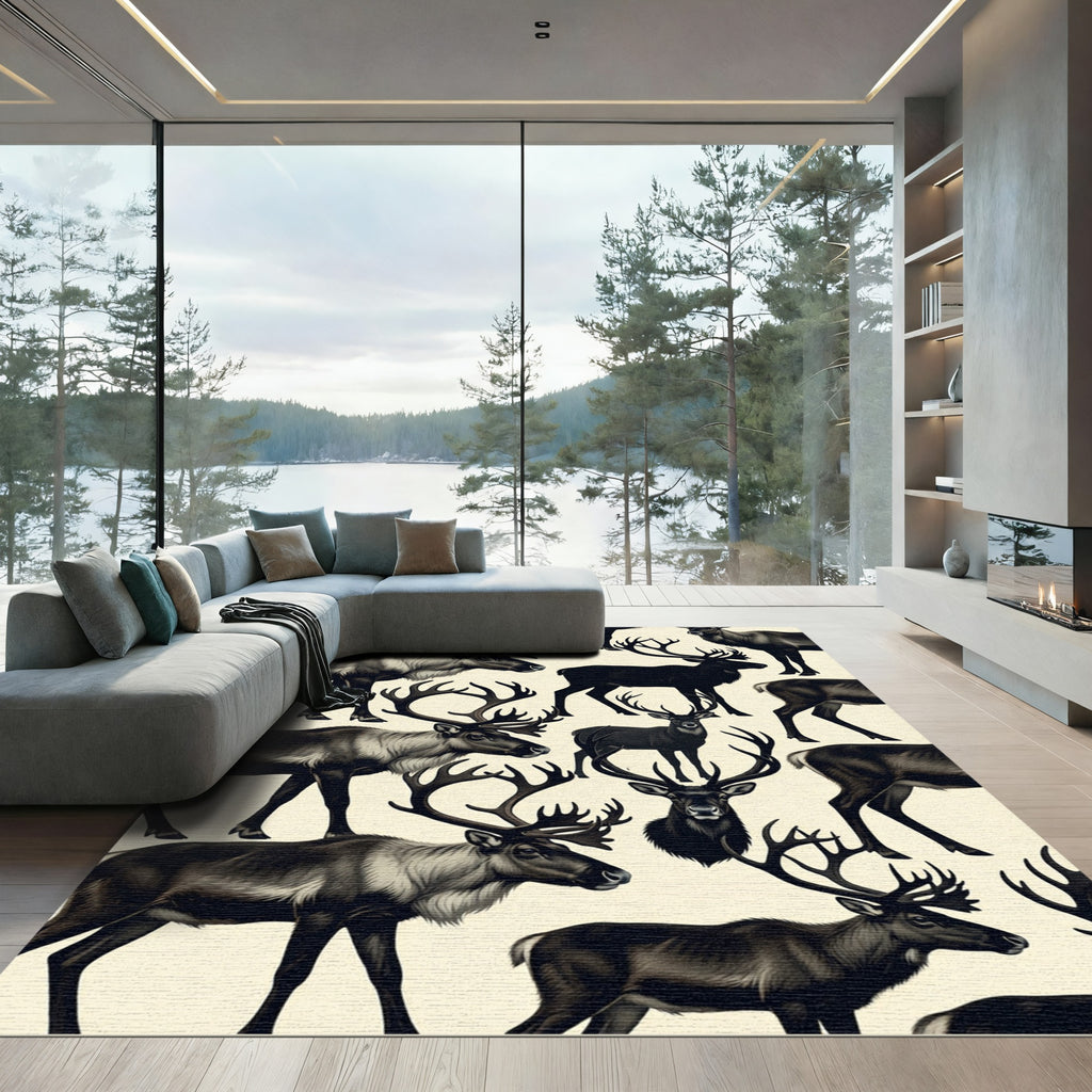 Monochromatic Woodland Reindeer Forest Landscape Rug